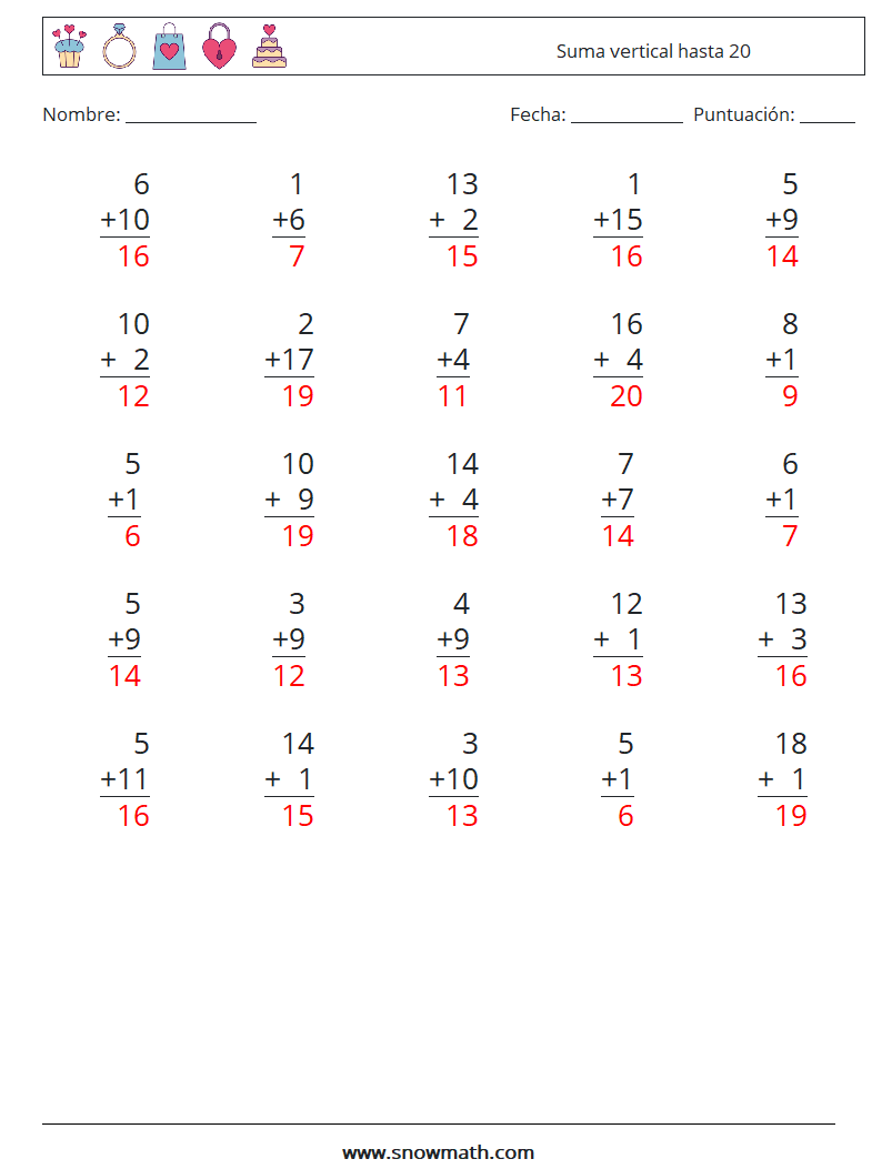 (25) Suma vertical hasta 20 Hojas de trabajo de matemáticas 16 Pregunta, respuesta