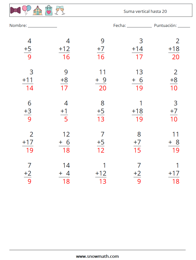 (25) Suma vertical hasta 20 Hojas de trabajo de matemáticas 17 Pregunta, respuesta