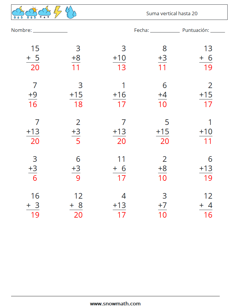 (25) Suma vertical hasta 20 Hojas de trabajo de matemáticas 18 Pregunta, respuesta