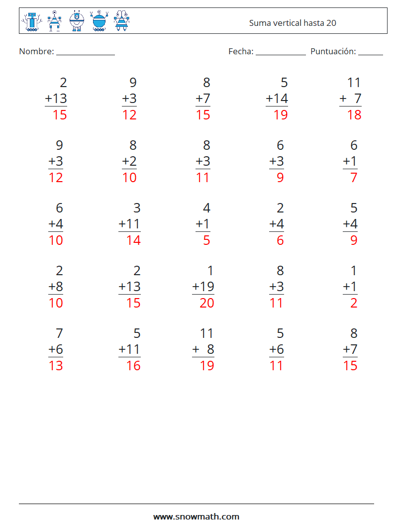 (25) Suma vertical hasta 20 Hojas de trabajo de matemáticas 4 Pregunta, respuesta