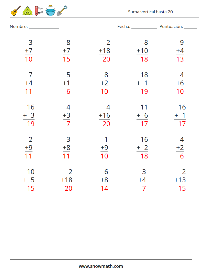 (25) Suma vertical hasta 20 Hojas de trabajo de matemáticas 7 Pregunta, respuesta