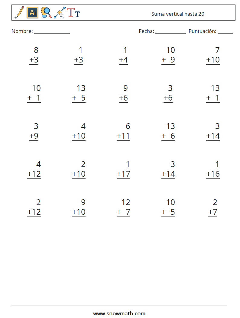 (25) Suma vertical hasta 20 Hojas de trabajo de matemáticas 8