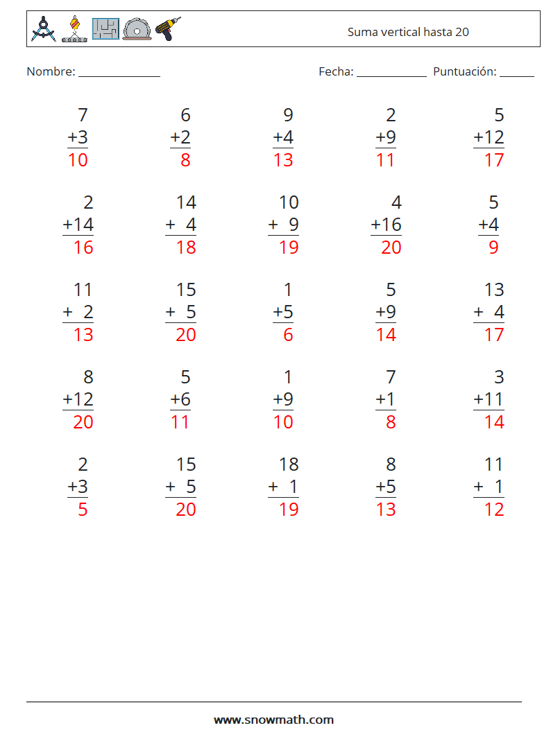 (25) Suma vertical hasta 20 Hojas de trabajo de matemáticas 9 Pregunta, respuesta