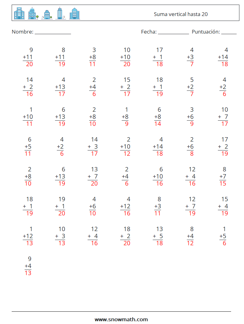 (50) Suma vertical hasta 20 Hojas de trabajo de matemáticas 12 Pregunta, respuesta