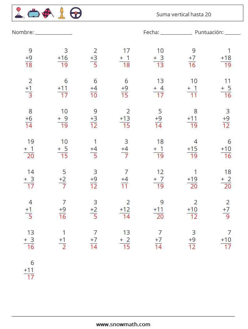 (50) Suma vertical hasta 20 Hojas de trabajo de matemáticas 14 Pregunta, respuesta