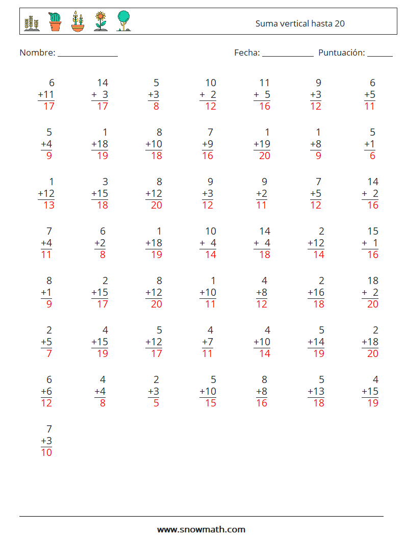 (50) Suma vertical hasta 20 Hojas de trabajo de matemáticas 2 Pregunta, respuesta