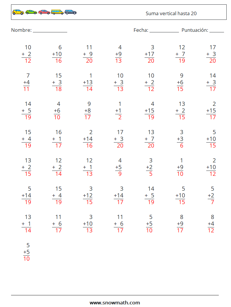 (50) Suma vertical hasta 20 Hojas de trabajo de matemáticas 3 Pregunta, respuesta