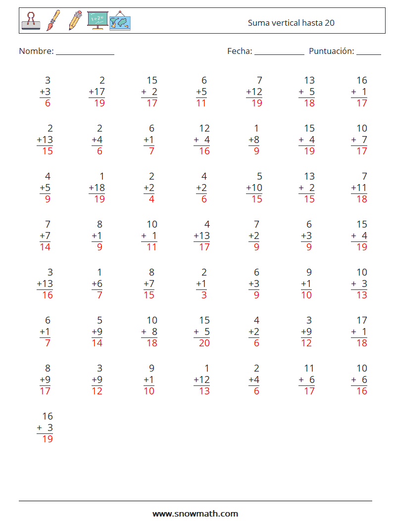 (50) Suma vertical hasta 20 Hojas de trabajo de matemáticas 4 Pregunta, respuesta