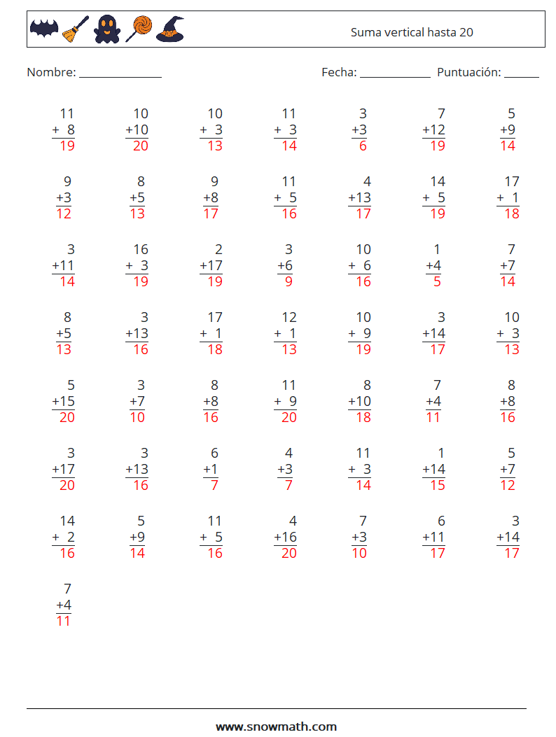 (50) Suma vertical hasta 20 Hojas de trabajo de matemáticas 6 Pregunta, respuesta