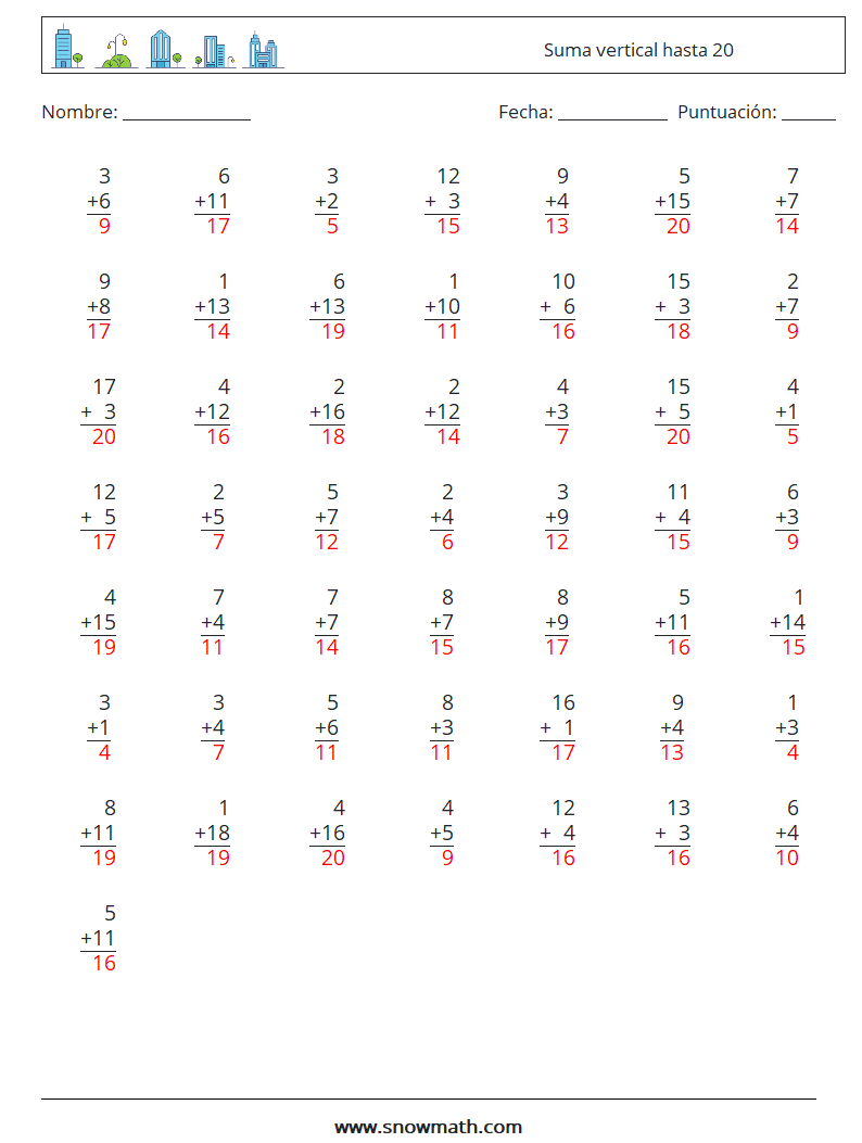 (50) Suma vertical hasta 20 Hojas de trabajo de matemáticas 9 Pregunta, respuesta