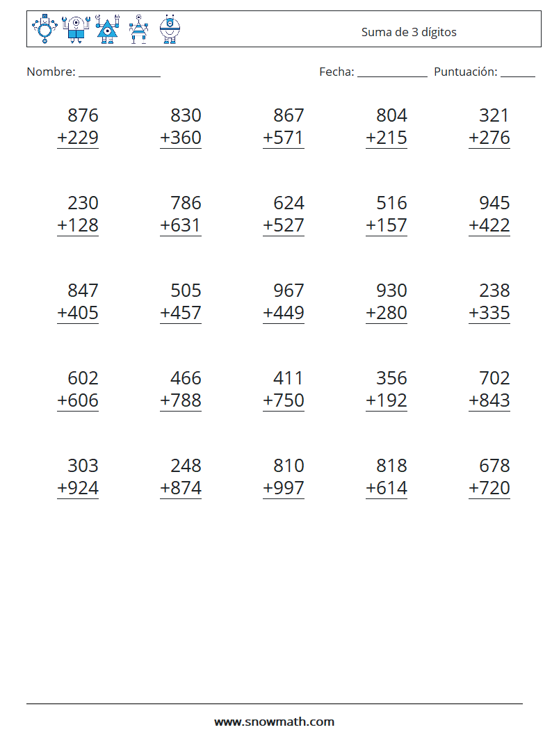 (25) Suma de 3 dígitos Hojas de trabajo de matemáticas 10
