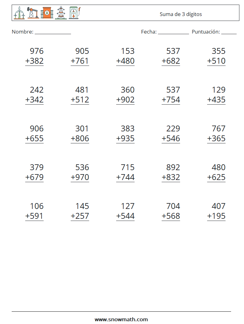 (25) Suma de 3 dígitos Hojas de trabajo de matemáticas 11