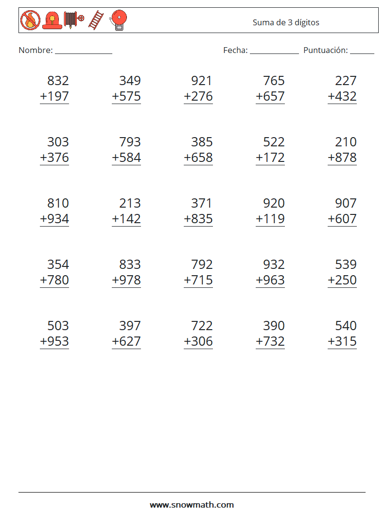 (25) Suma de 3 dígitos Hojas de trabajo de matemáticas 13