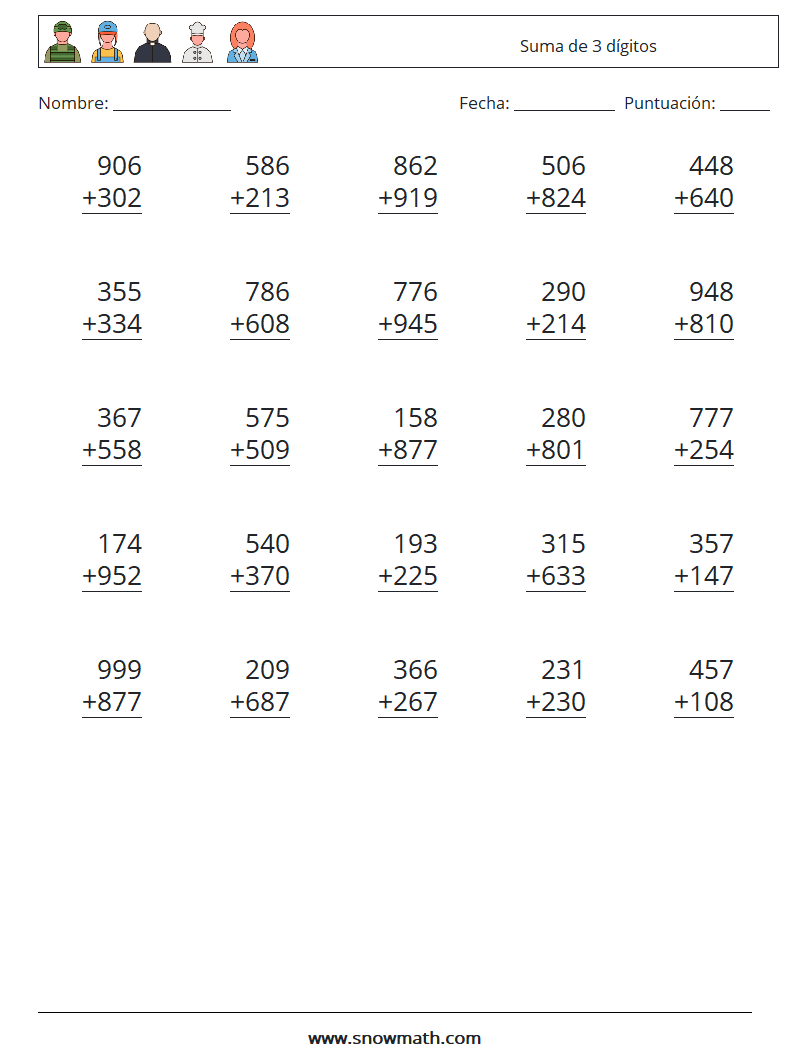 (25) Suma de 3 dígitos Hojas de trabajo de matemáticas 15