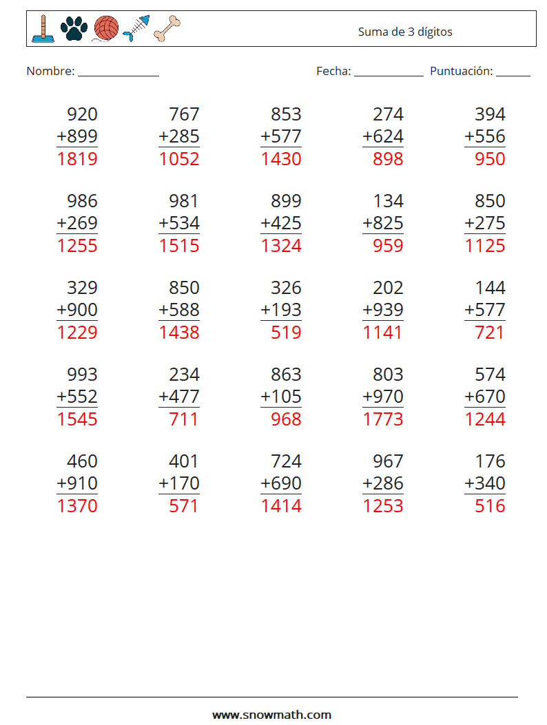 (25) Suma de 3 dígitos Hojas de trabajo de matemáticas 16 Pregunta, respuesta