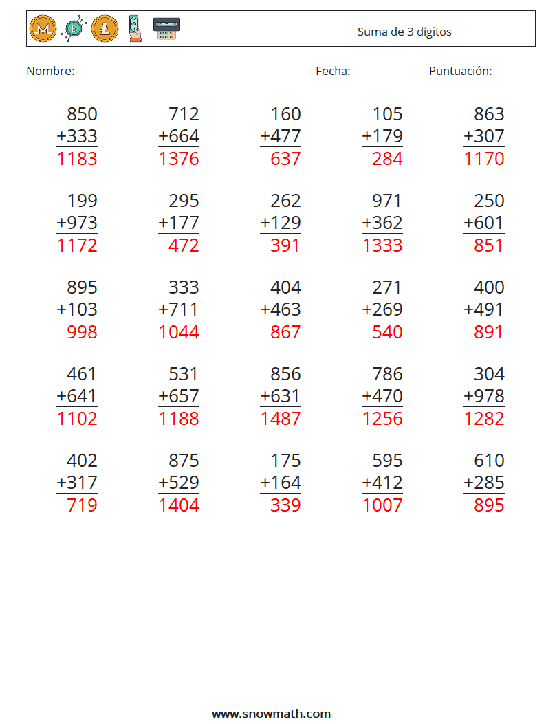 (25) Suma de 3 dígitos Hojas de trabajo de matemáticas 3 Pregunta, respuesta