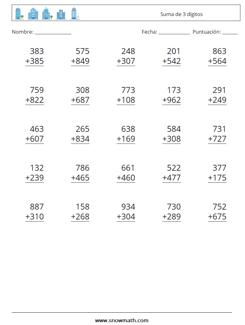 (25) Suma de 3 dígitos Hojas de trabajo de matemáticas 4