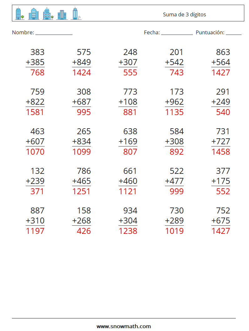(25) Suma de 3 dígitos Hojas de trabajo de matemáticas 4 Pregunta, respuesta