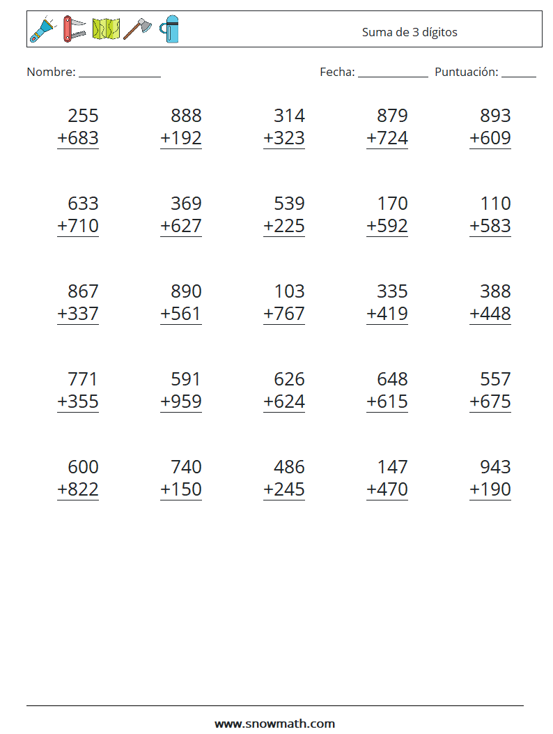 (25) Suma de 3 dígitos Hojas de trabajo de matemáticas 5