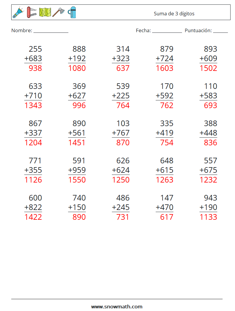 (25) Suma de 3 dígitos Hojas de trabajo de matemáticas 5 Pregunta, respuesta