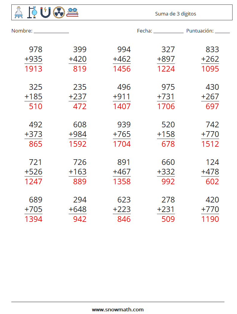 (25) Suma de 3 dígitos Hojas de trabajo de matemáticas 6 Pregunta, respuesta