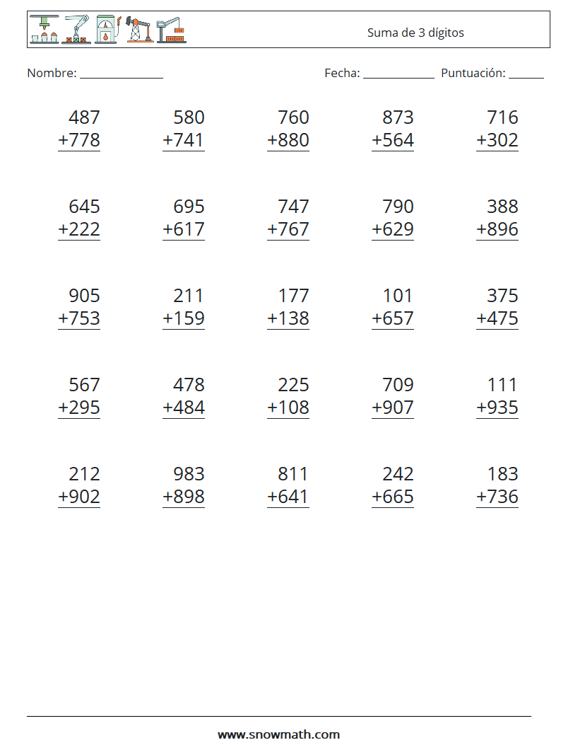 (25) Suma de 3 dígitos Hojas de trabajo de matemáticas 7