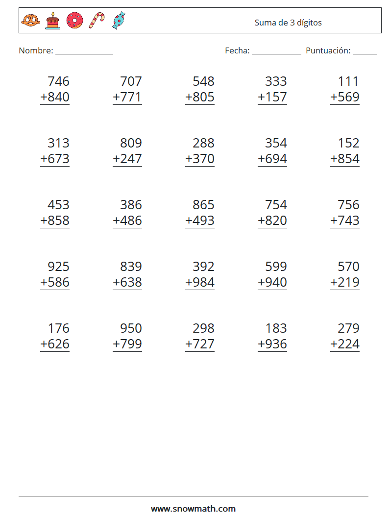(25) Suma de 3 dígitos Hojas de trabajo de matemáticas 8