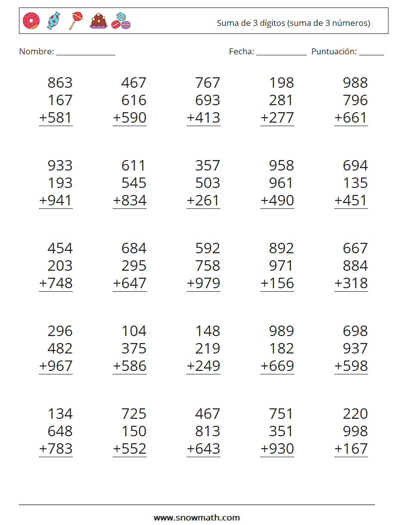 (25) Suma de 3 dígitos (suma de 3 números) Hojas de trabajo de matemáticas 1