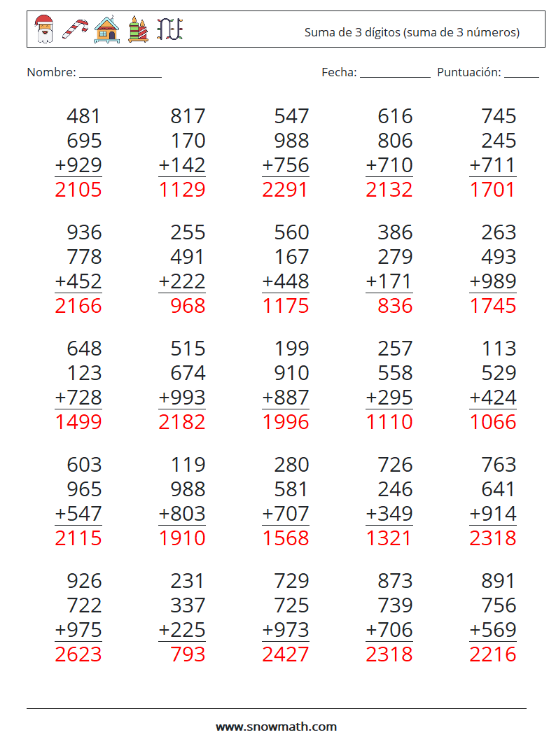 (25) Suma de 3 dígitos (suma de 3 números) Hojas de trabajo de matemáticas 10 Pregunta, respuesta