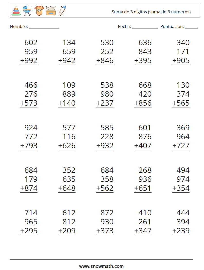 (25) Suma de 3 dígitos (suma de 3 números) Hojas de trabajo de matemáticas 11