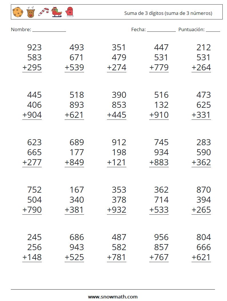 (25) Suma de 3 dígitos (suma de 3 números) Hojas de trabajo de matemáticas 12