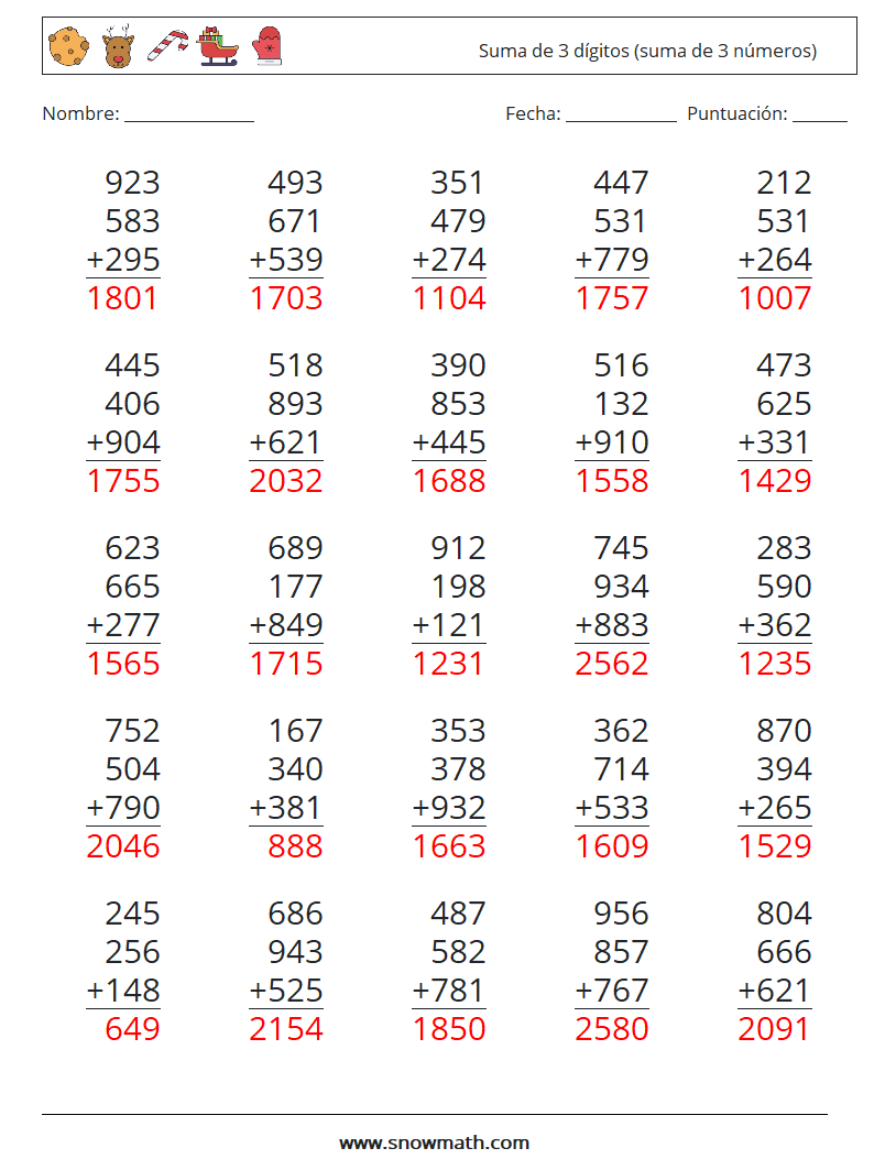 (25) Suma de 3 dígitos (suma de 3 números) Hojas de trabajo de matemáticas 12 Pregunta, respuesta