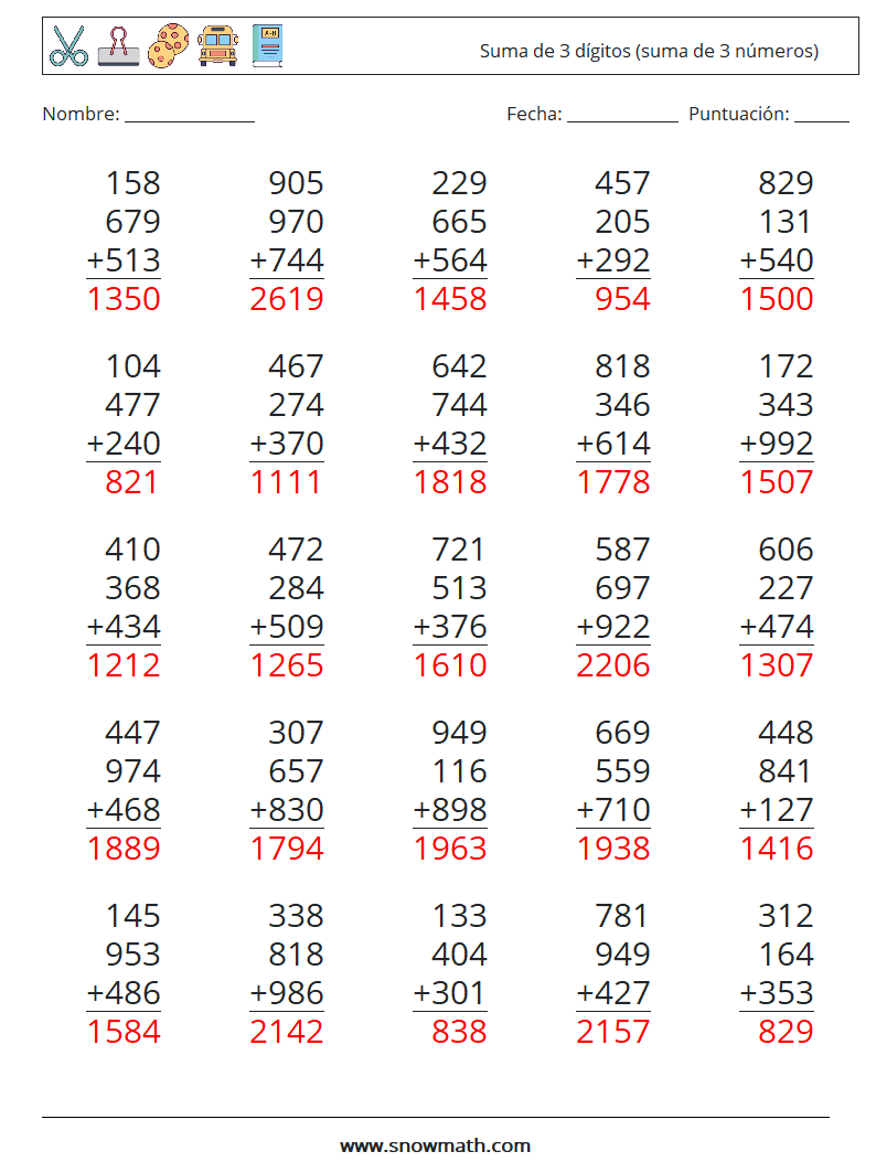 (25) Suma de 3 dígitos (suma de 3 números) Hojas de trabajo de matemáticas 13 Pregunta, respuesta