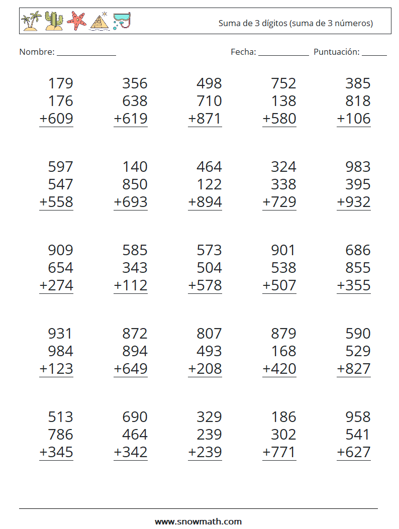 (25) Suma de 3 dígitos (suma de 3 números) Hojas de trabajo de matemáticas 14