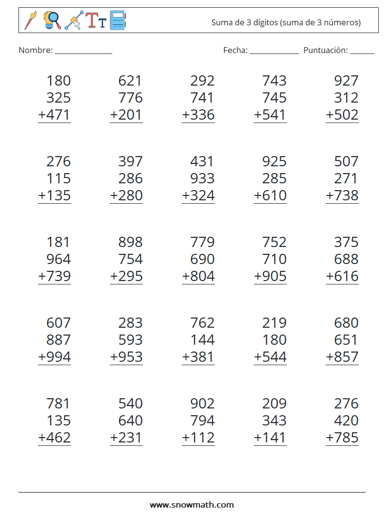 (25) Suma de 3 dígitos (suma de 3 números) Hojas de trabajo de matemáticas 15