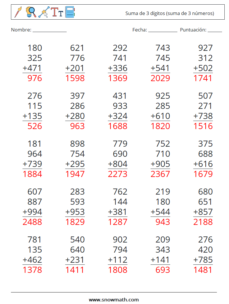 (25) Suma de 3 dígitos (suma de 3 números) Hojas de trabajo de matemáticas 15 Pregunta, respuesta