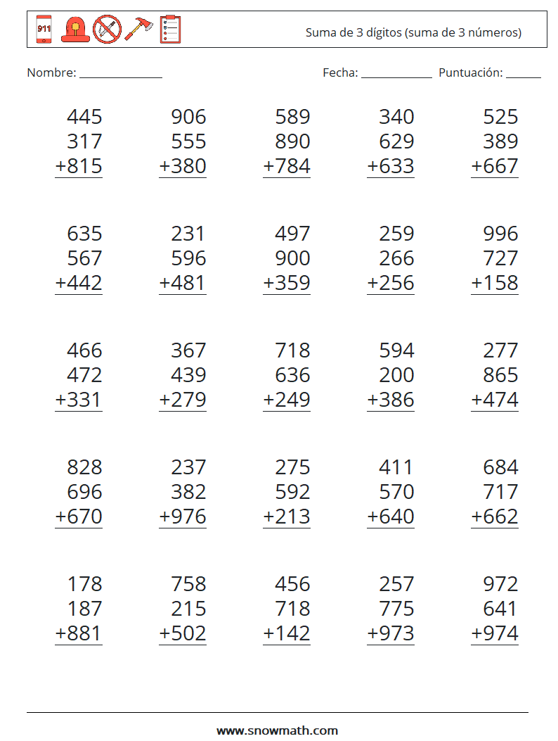(25) Suma de 3 dígitos (suma de 3 números) Hojas de trabajo de matemáticas 16