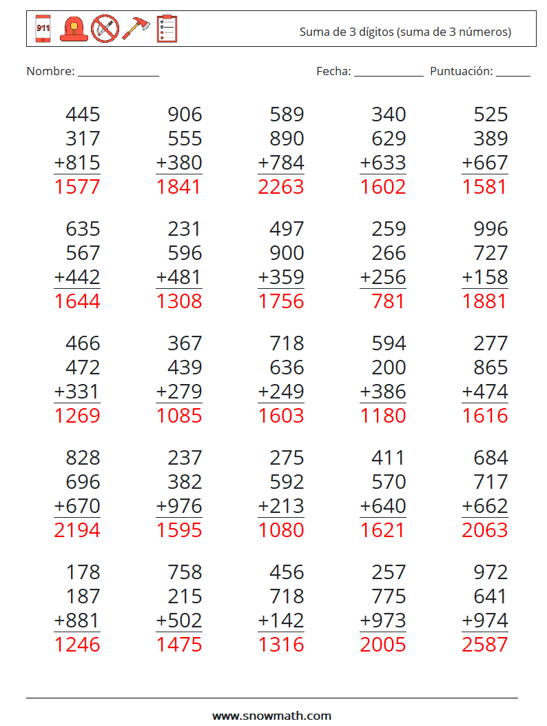 (25) Suma de 3 dígitos (suma de 3 números) Hojas de trabajo de matemáticas 16 Pregunta, respuesta