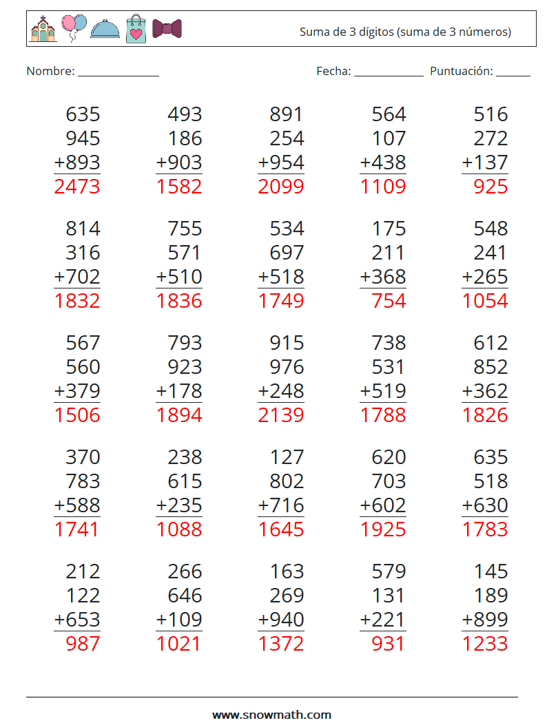 (25) Suma de 3 dígitos (suma de 3 números) Hojas de trabajo de matemáticas 17 Pregunta, respuesta