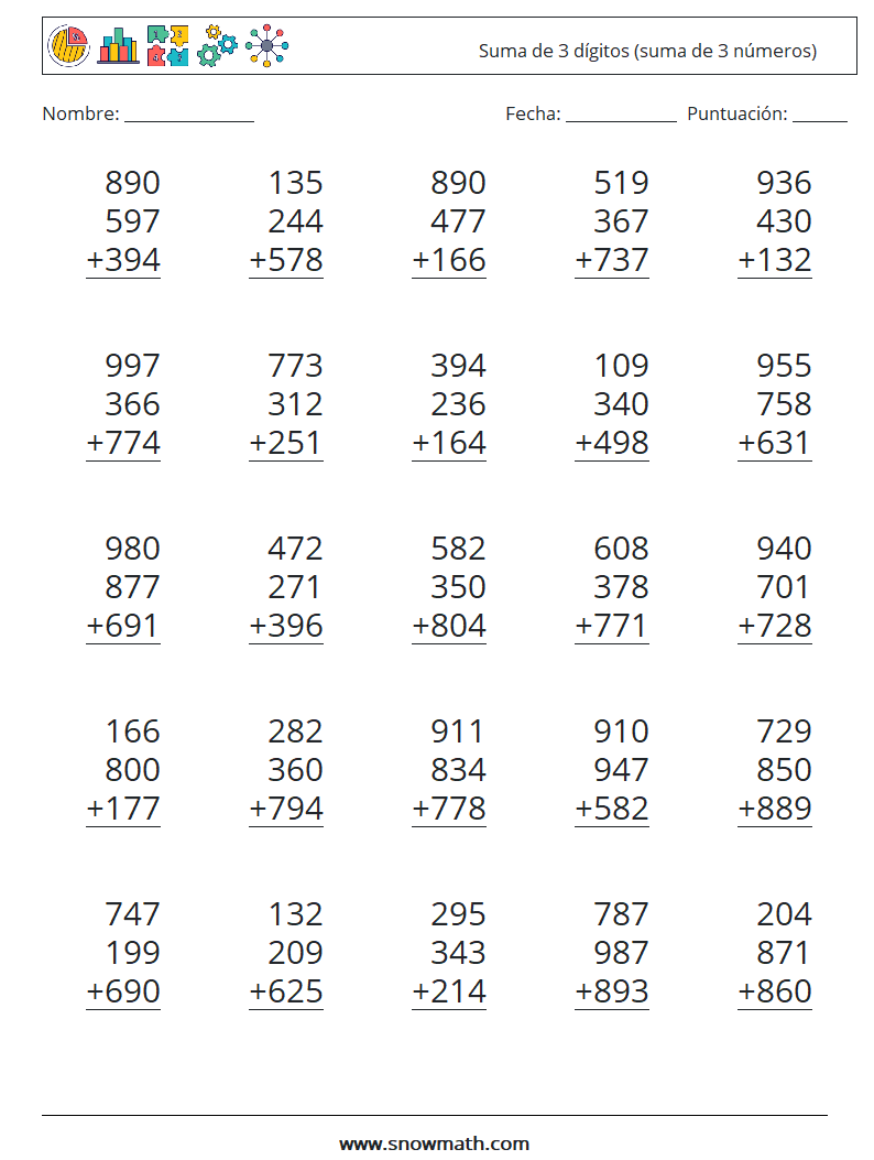 (25) Suma de 3 dígitos (suma de 3 números) Hojas de trabajo de matemáticas 18