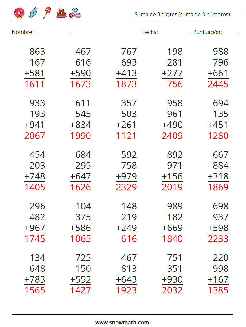 (25) Suma de 3 dígitos (suma de 3 números) Hojas de trabajo de matemáticas 1 Pregunta, respuesta