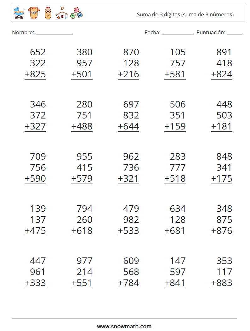 (25) Suma de 3 dígitos (suma de 3 números) Hojas de trabajo de matemáticas 2