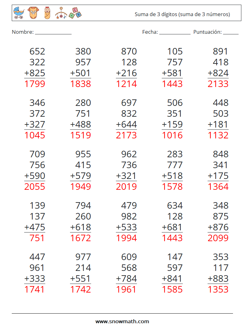 (25) Suma de 3 dígitos (suma de 3 números) Hojas de trabajo de matemáticas 2 Pregunta, respuesta