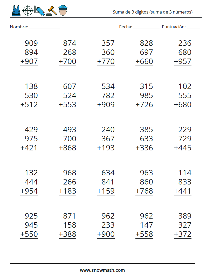 (25) Suma de 3 dígitos (suma de 3 números) Hojas de trabajo de matemáticas 3