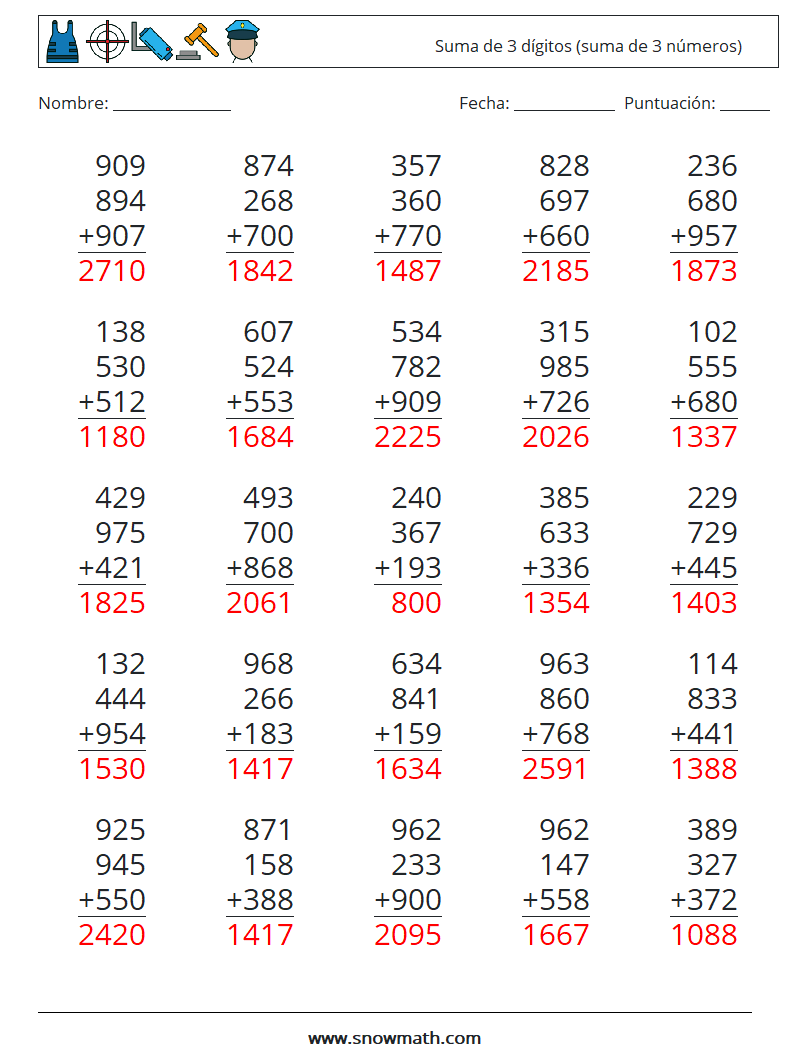 (25) Suma de 3 dígitos (suma de 3 números) Hojas de trabajo de matemáticas 3 Pregunta, respuesta