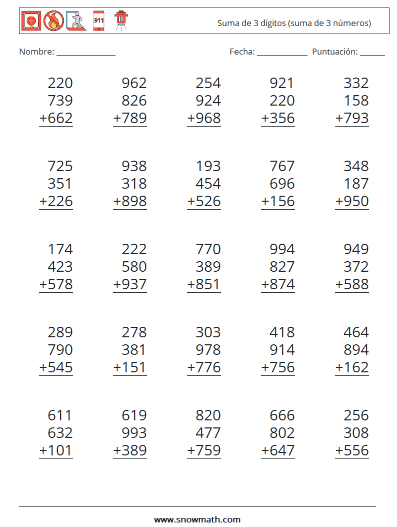 (25) Suma de 3 dígitos (suma de 3 números) Hojas de trabajo de matemáticas 4
