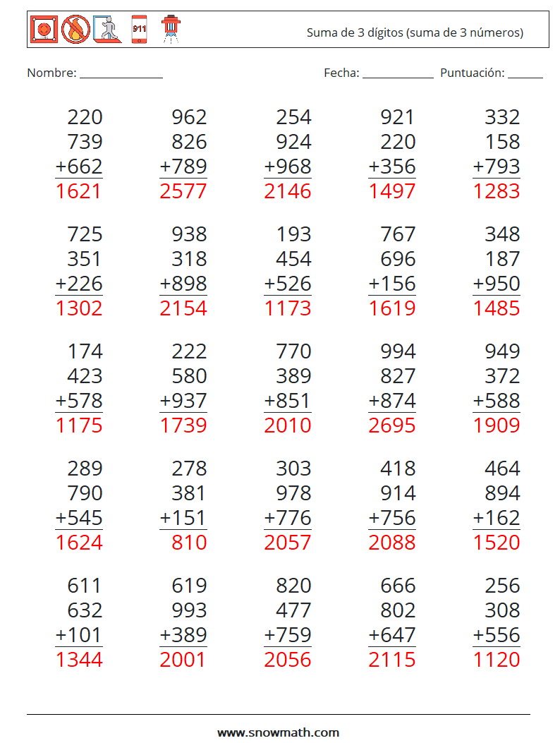 (25) Suma de 3 dígitos (suma de 3 números) Hojas de trabajo de matemáticas 4 Pregunta, respuesta