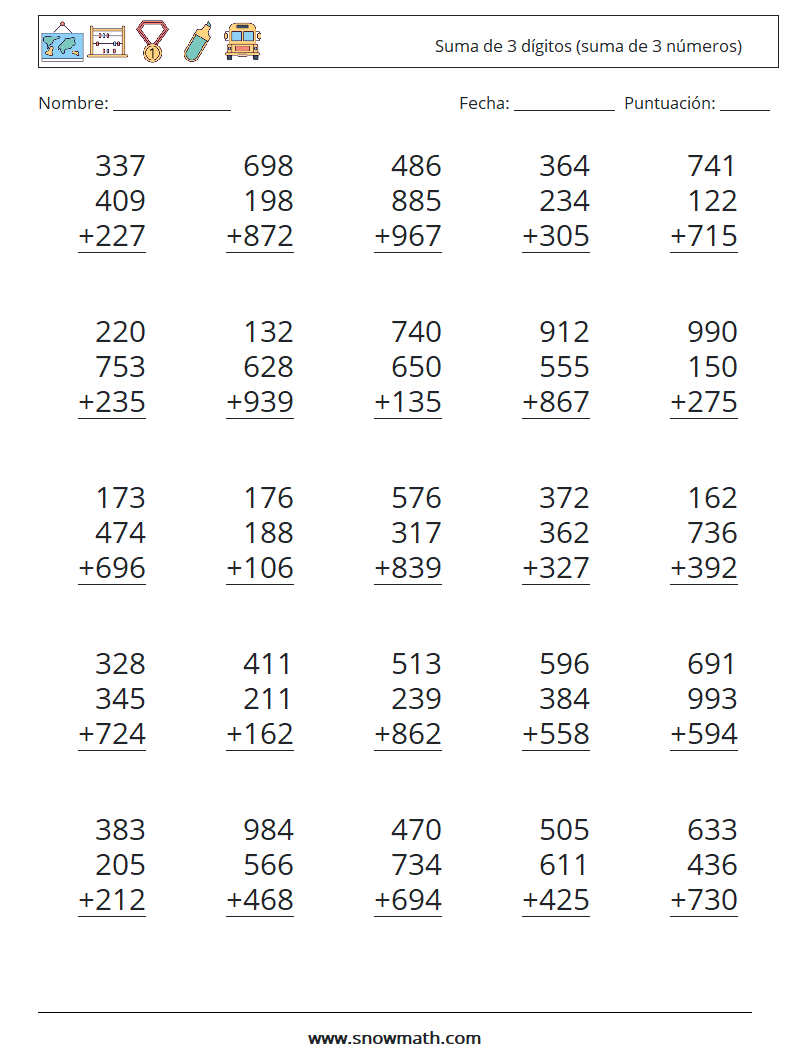 (25) Suma de 3 dígitos (suma de 3 números) Hojas de trabajo de matemáticas 5