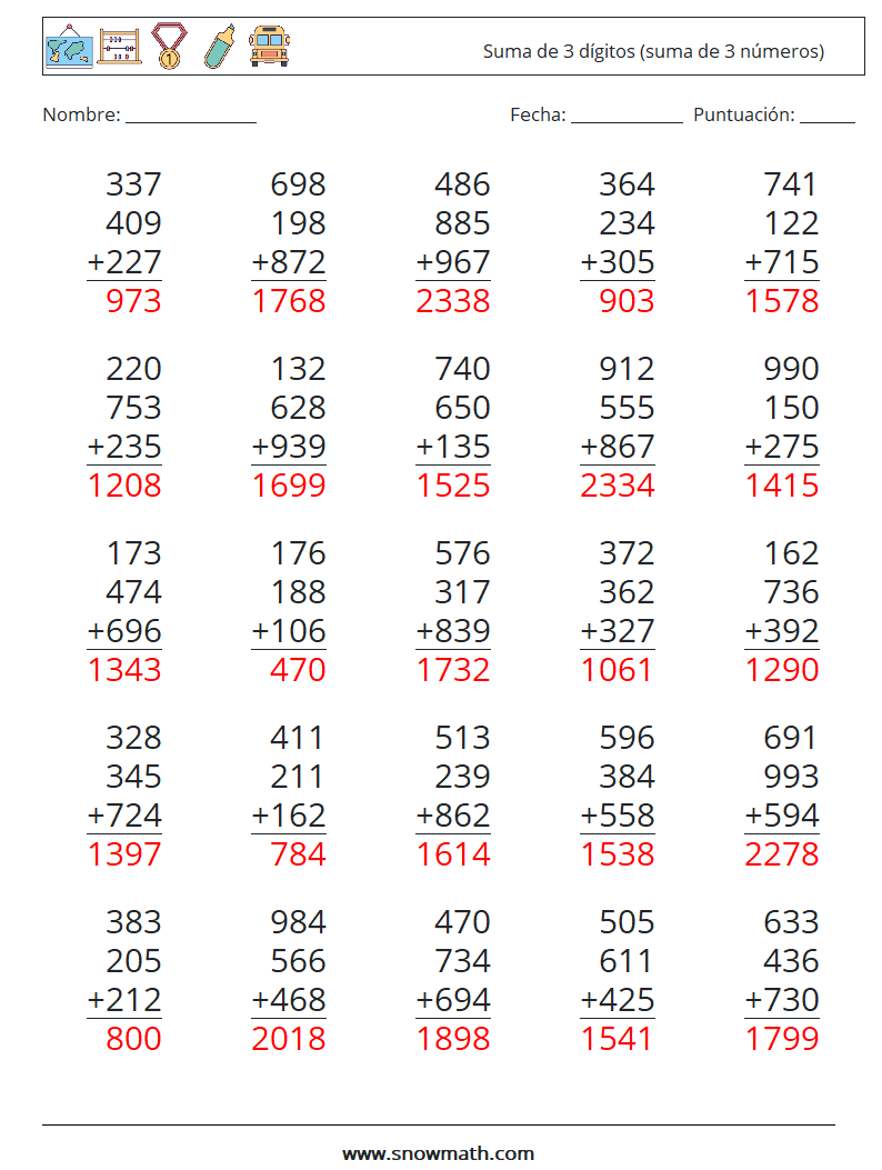 (25) Suma de 3 dígitos (suma de 3 números) Hojas de trabajo de matemáticas 5 Pregunta, respuesta