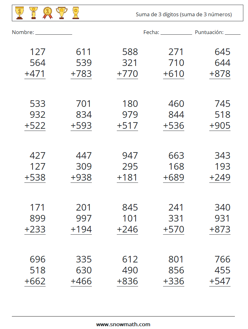 (25) Suma de 3 dígitos (suma de 3 números) Hojas de trabajo de matemáticas 6